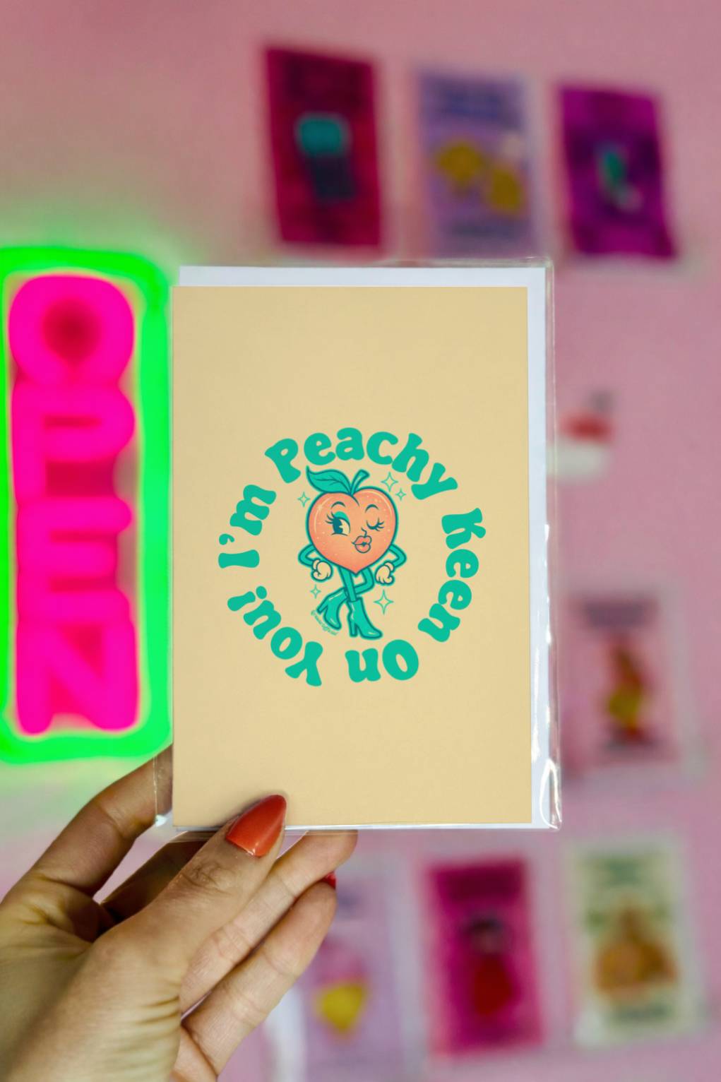 Funny anniversary or Valentines card with retro peach character and text “I’m peachy keen on you.”