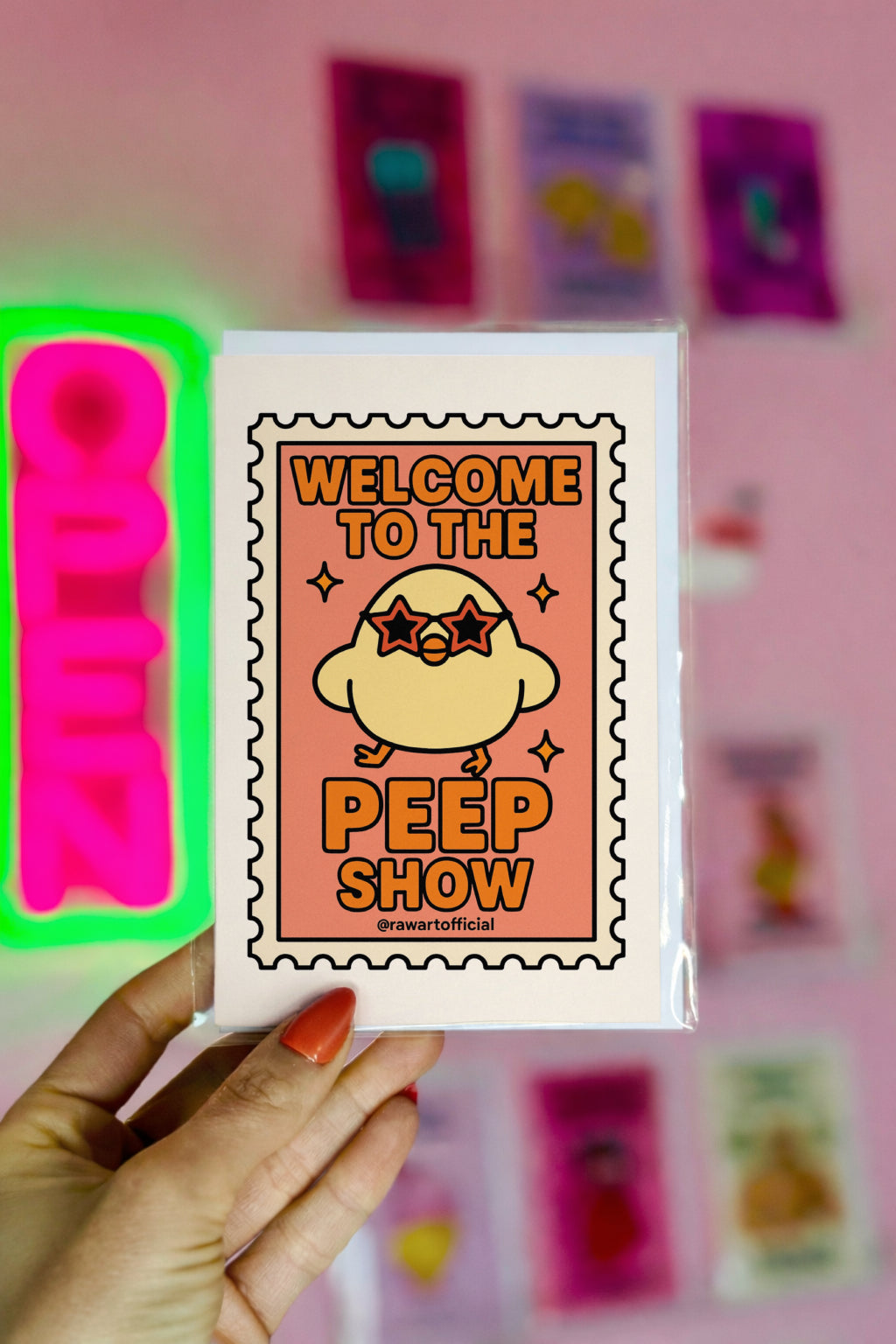 retro easter card with yellow chick in star sunglasses and text welcome to the peep show inside stamp border