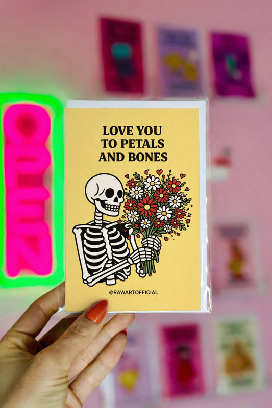 skeleton holding flower bouquet spooky spring anniversary card gothic love illustration