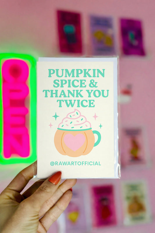 Retro pastel thank you card with pumpkin spice latte mug and whipped cream, text says “Pumpkin Spice & Thank You Twice.”