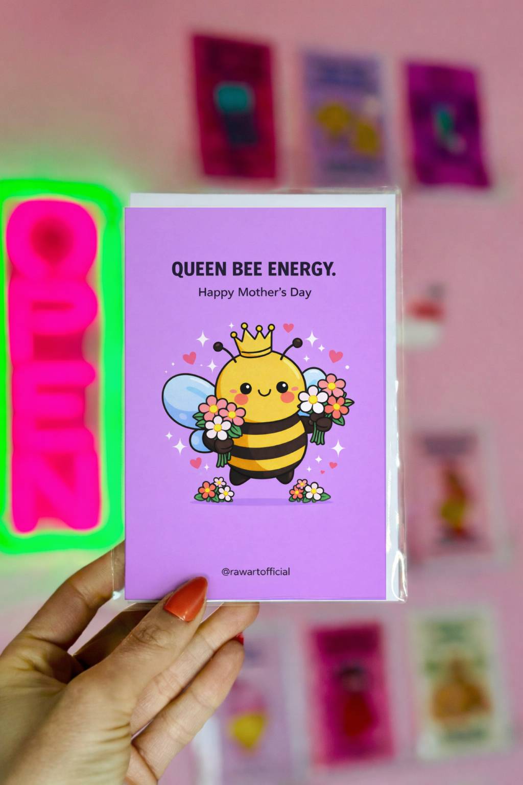 mother’s day card with crowned bee holding flowers on purple background queen bee energy mom illustration