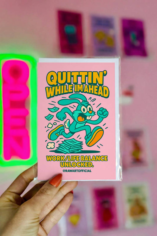 Pink retro resignation card featuring a running bunny with the phrase “Quittin While I’m Ahead” and “Work/Life Balance Unlocked.”