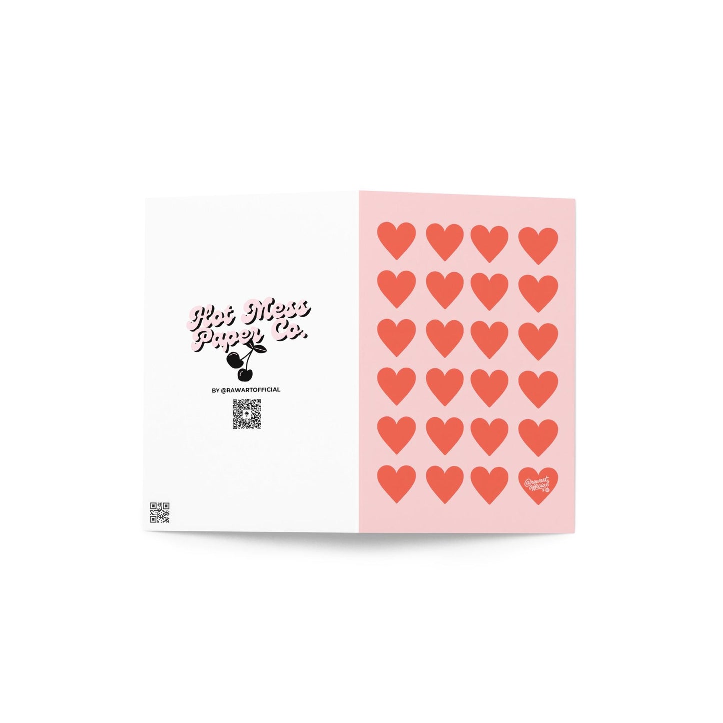 Pink card with repeating red heart pattern and one heart signed @rawartofficial.