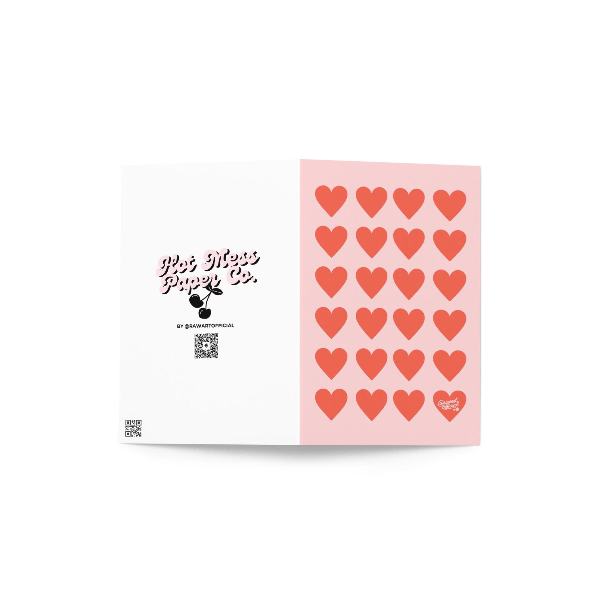 Pink card with repeating red heart pattern and one heart signed @rawartofficial.