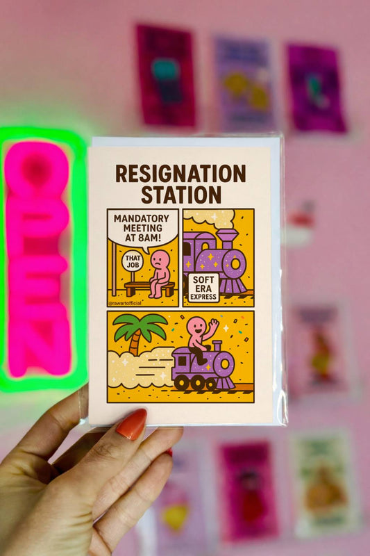 Retro-style congratulations card featuring a cartoon character leaving “That Job” bus stop and boarding a train labeled “Soft Era Express.”