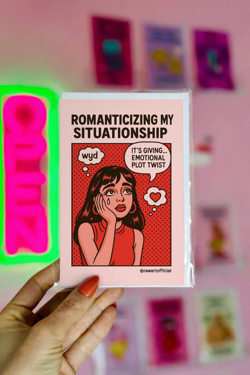 Retro pop art greeting card featuring a woman thinking “wyd” with the text “Romanticizing My Situationship” and “It’s giving emotional plot twist.”