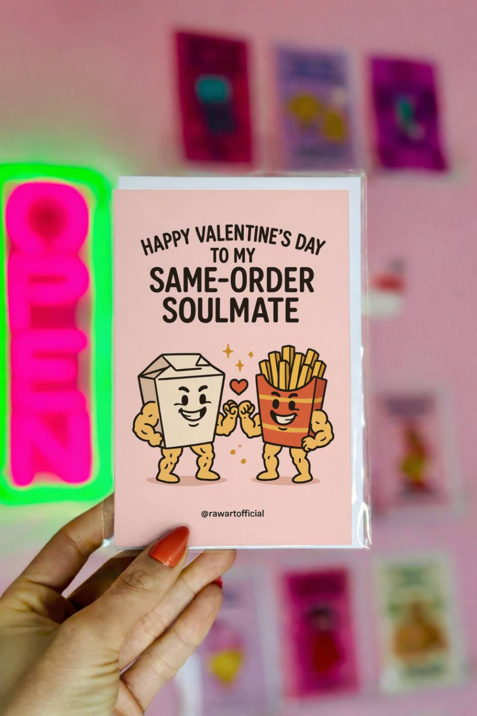 Funny greeting card reading “Same Order Soulmate” with cartoon takeout box and fries fist-bumping on a pink background.
