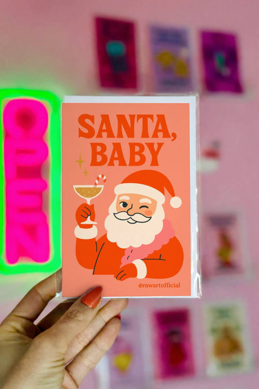 Funny Christmas greeting card with winking Santa holding a cocktail and text “Santa Baby.”