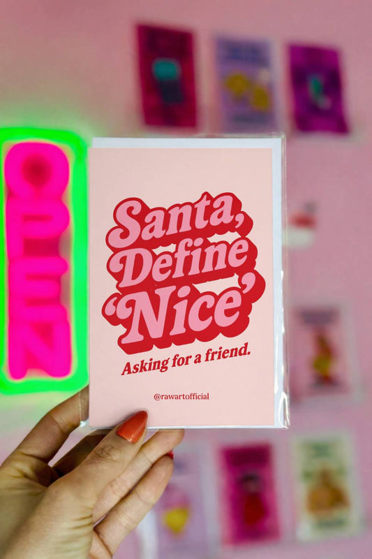 Funny Christmas greeting card with retro lettering that reads “Santa Define Nice Asking for a Friend.”
