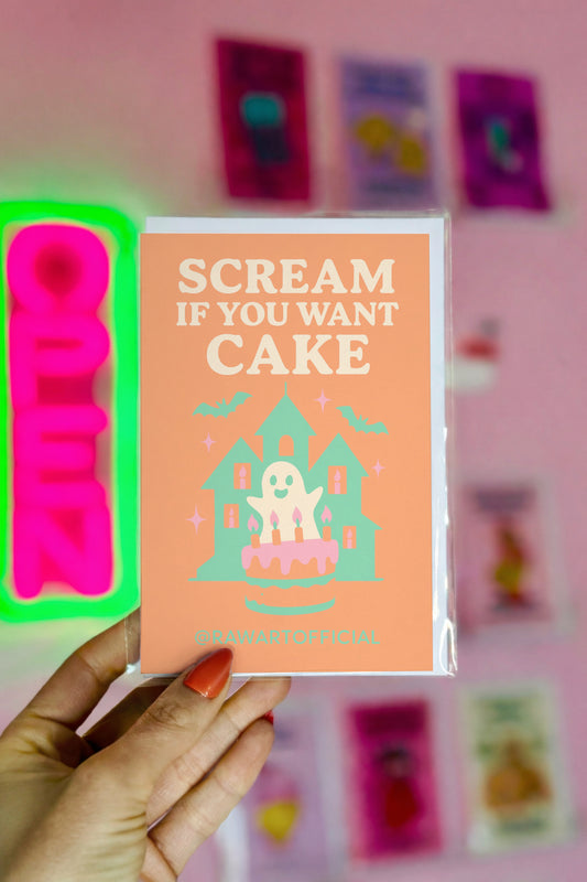 Pastel haunted house with ghost and birthday cake illustration, text reads “Scream If You Want Cake.”