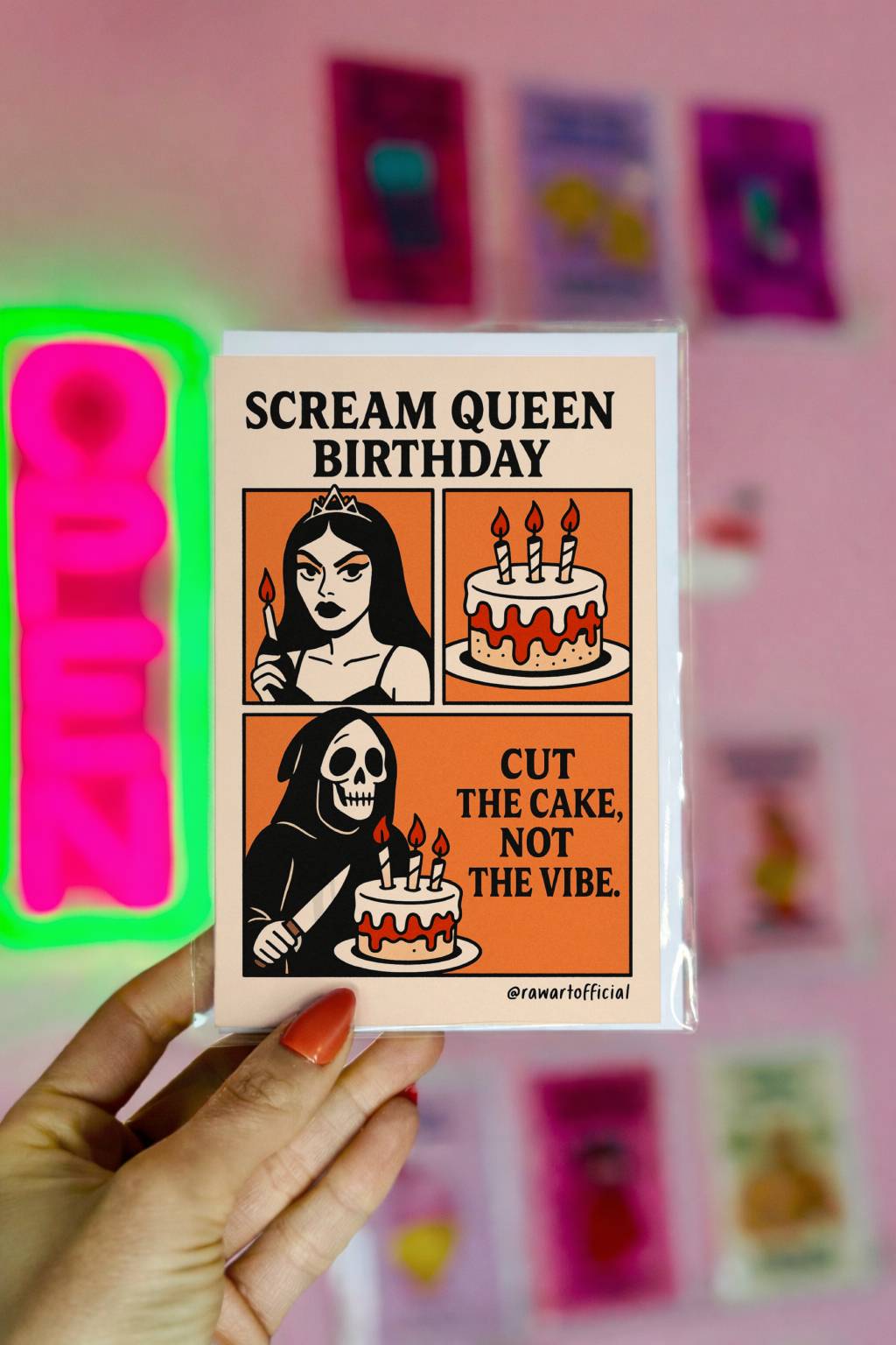Retro comic style birthday card with gothic scream queen, spooky cake, and reaper, reading “Cut the cake, not the vibe.”