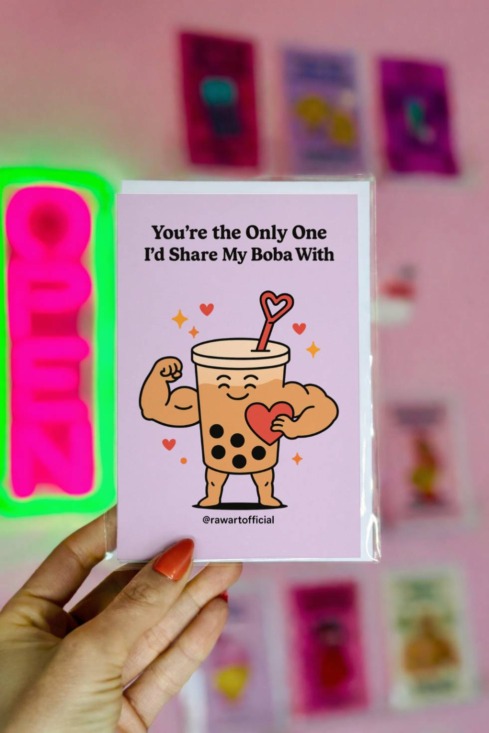 Funny greeting card reading “You’re the Only One I’d Share My Boba With” with a muscular cartoon bubble tea holding a heart.