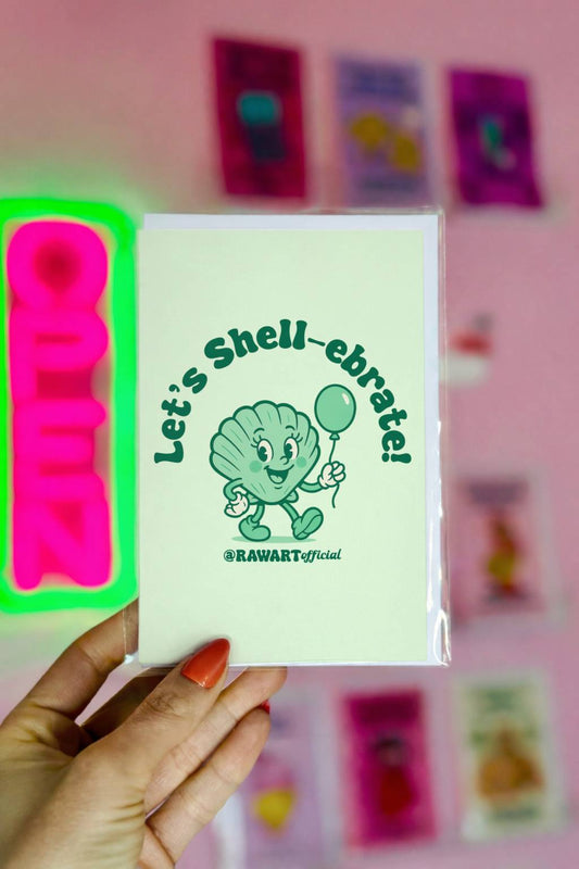 Green birthday card featuring smiling seashell holding balloon with text “Let’s Shell-ebr﻿ate.”