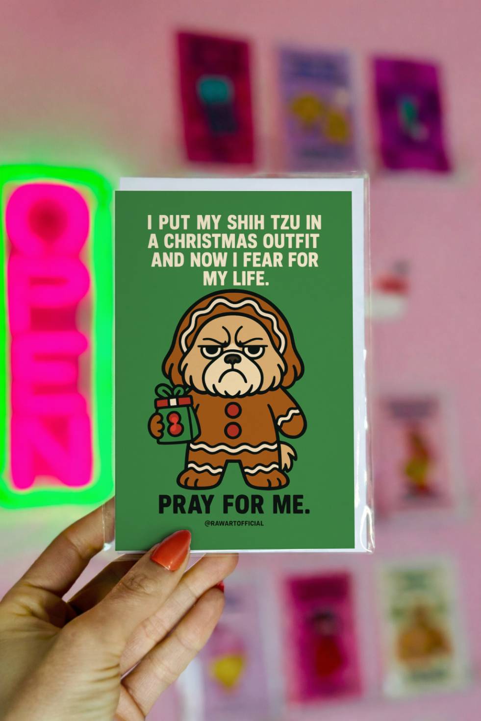 Funny Shih Tzu Christmas card with angry dog in holiday outfit holding a gift and text “I Put My Shih Tzu in a Christmas Outfit and Now I Fear for My Life Pray for Me.”