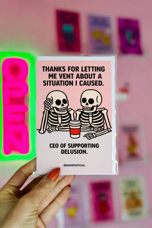 Minimal thank you card featuring bold black text about returning something bought for validation and a skeleton holding a shopping bag on a pink background.