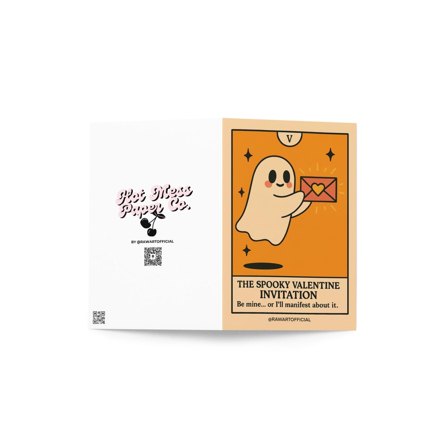 Cute ghost delivering a glowing love letter with “Be mine… or I’ll manifest about it” tarot-style design.