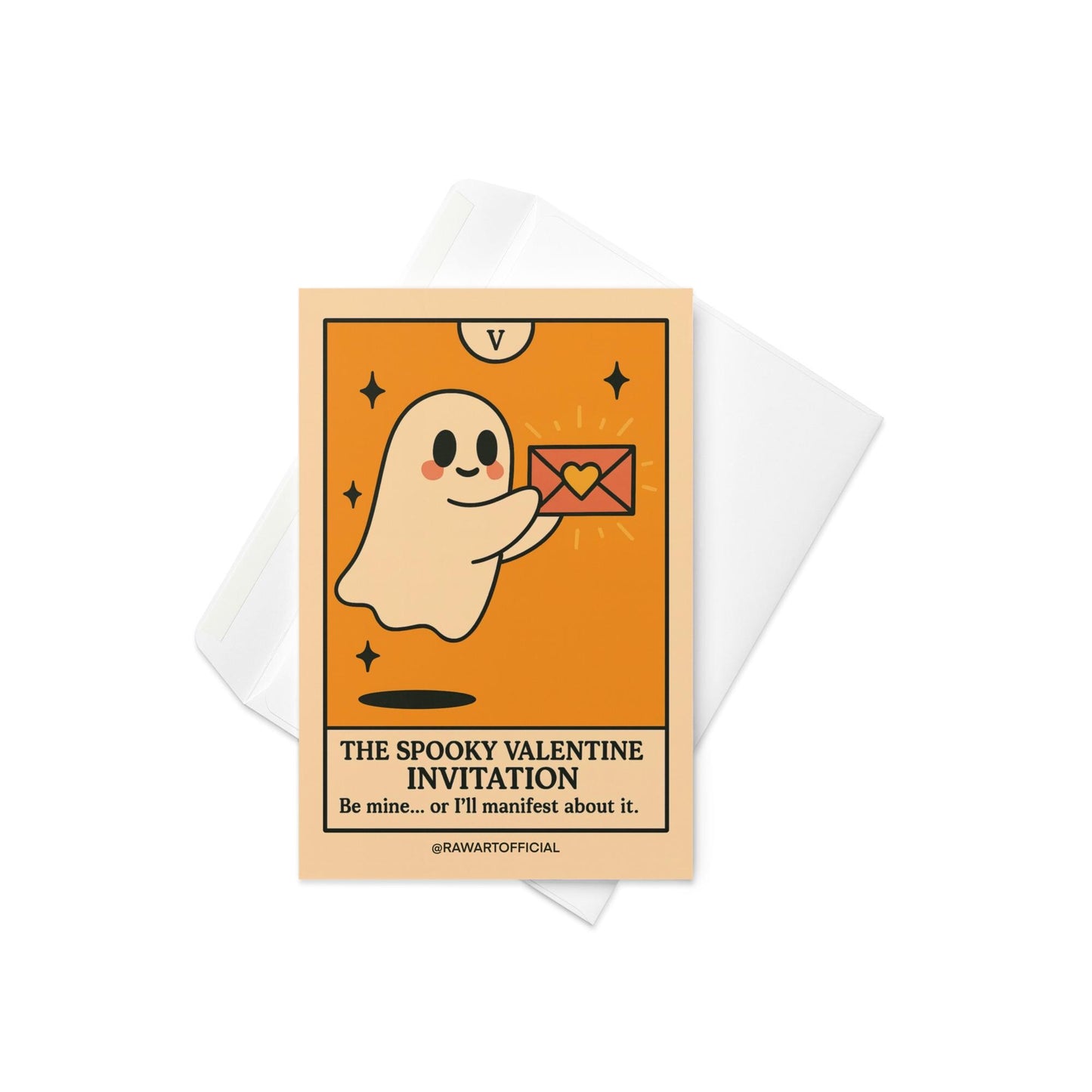 Cute ghost delivering a glowing love letter with “Be mine… or I’ll manifest about it” tarot-style design.