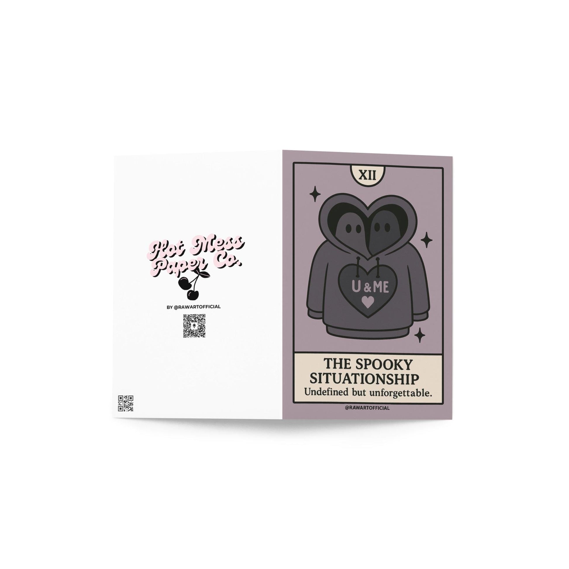 Two hooded ghosts sharing a hoodie with “U & ME” heart, spooky situationship tarot-style design.