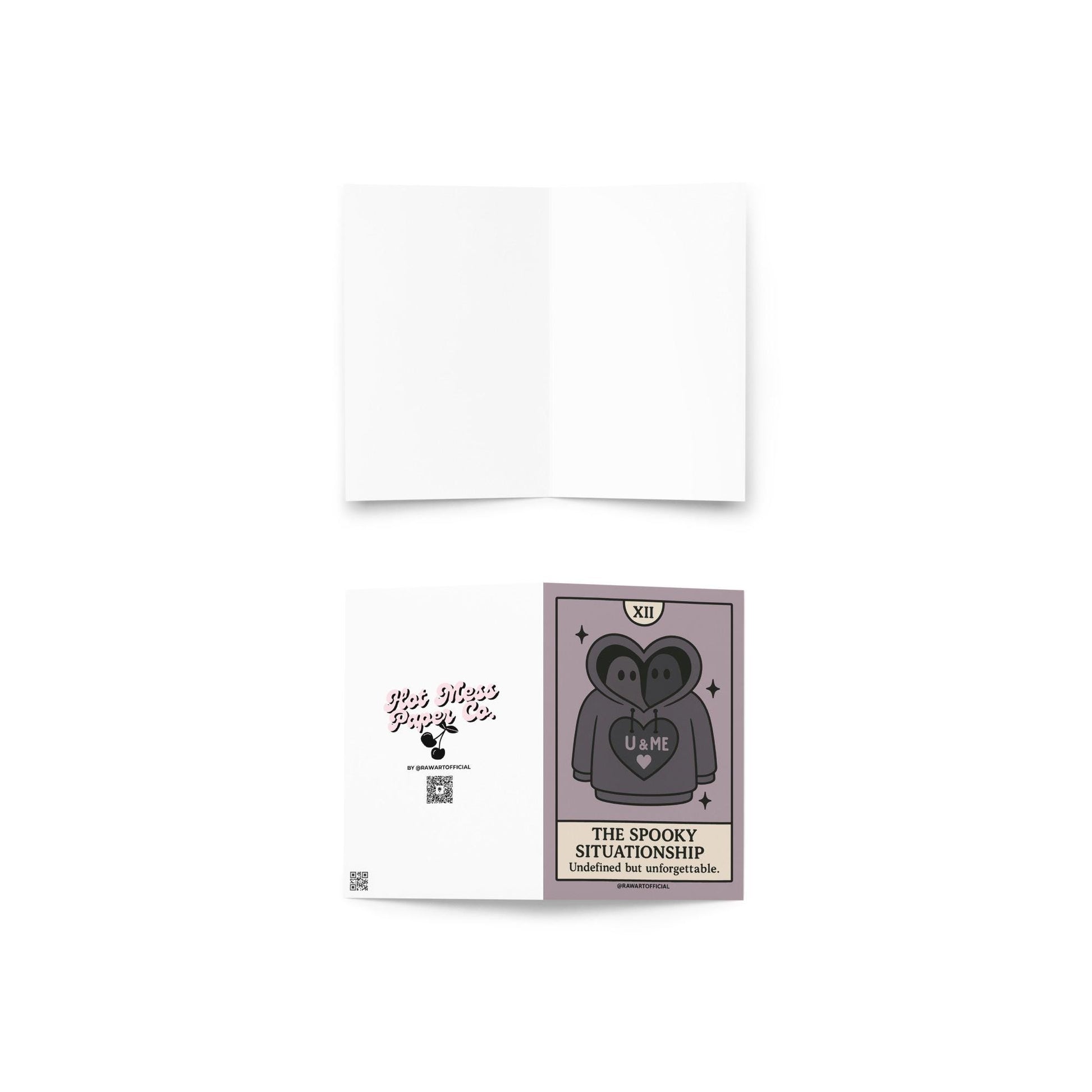 Two hooded ghosts sharing a hoodie with “U & ME” heart, spooky situationship tarot-style design.