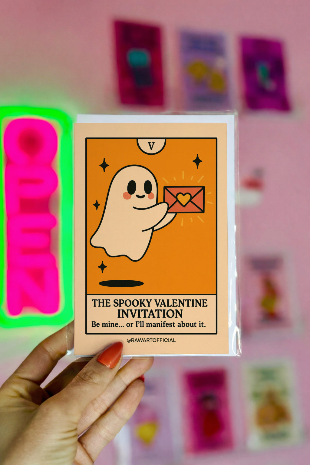 Cute ghost delivering a glowing love letter with “Be mine… or I’ll manifest about it” tarot-style design.