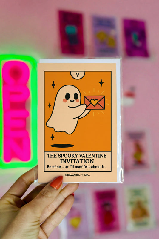 Cute ghost delivering a glowing love letter with “Be mine… or I’ll manifest about it” tarot-style design.