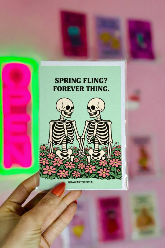 skeleton couple holding hands in flowers spring spooky anniversary card illustration