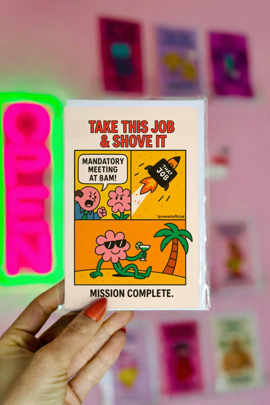 Retro comic resignation card featuring a rocket labeled “That Job” blasting off with the phrase “Take This Job & Shove It.”