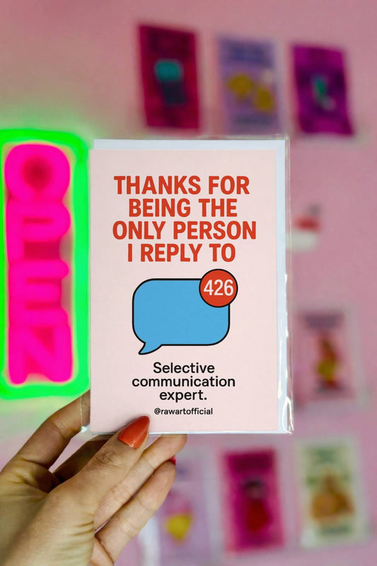 Minimal thank you card featuring bold text about being the only person replied to with a message bubble icon showing 426 notifications.