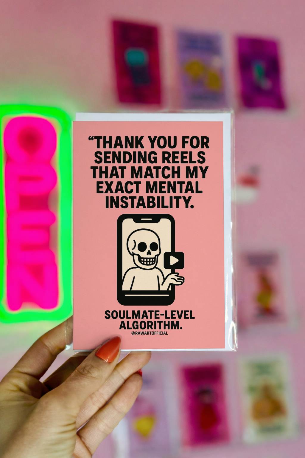 Minimal thank you card featuring bold text about sending reels that match mental instability with a skeleton inside a phone graphic.