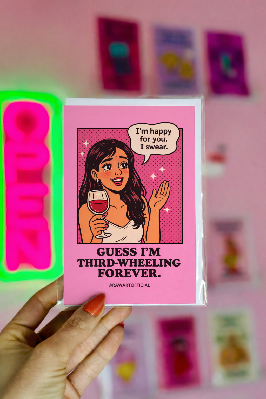 engagement reaction card showing illustrated woman holding wine with speech bubble and humorous third wheeling message