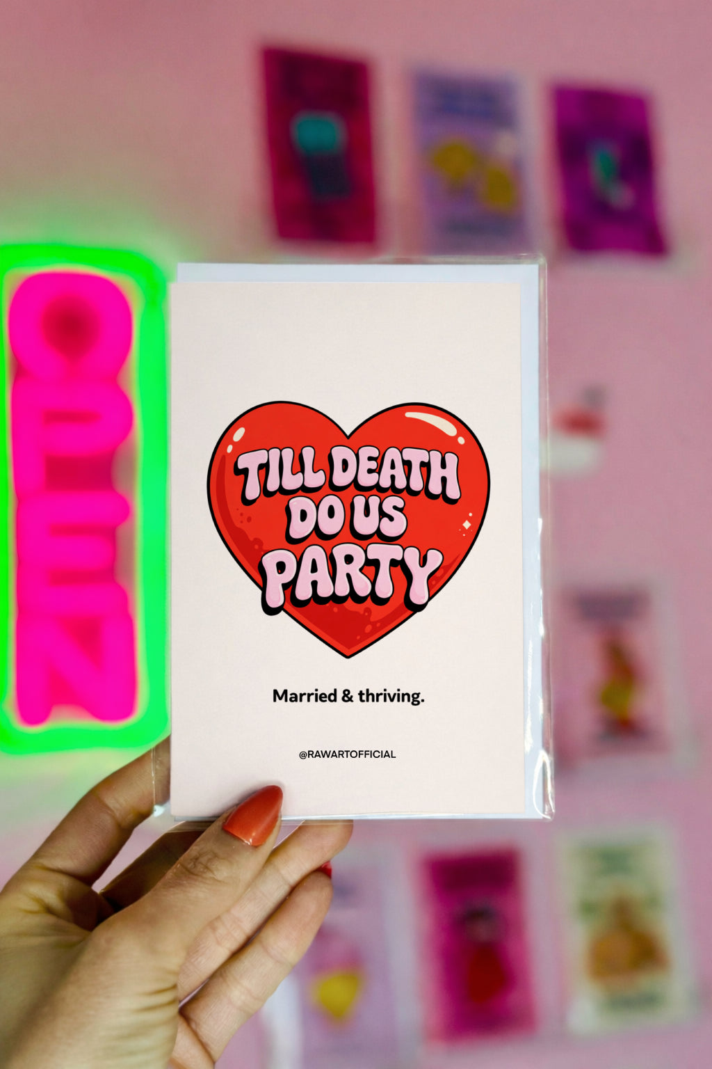 Funny wedding congratulations and anniversary card with red heart and text till death do us party married and thriving playful couple humor design