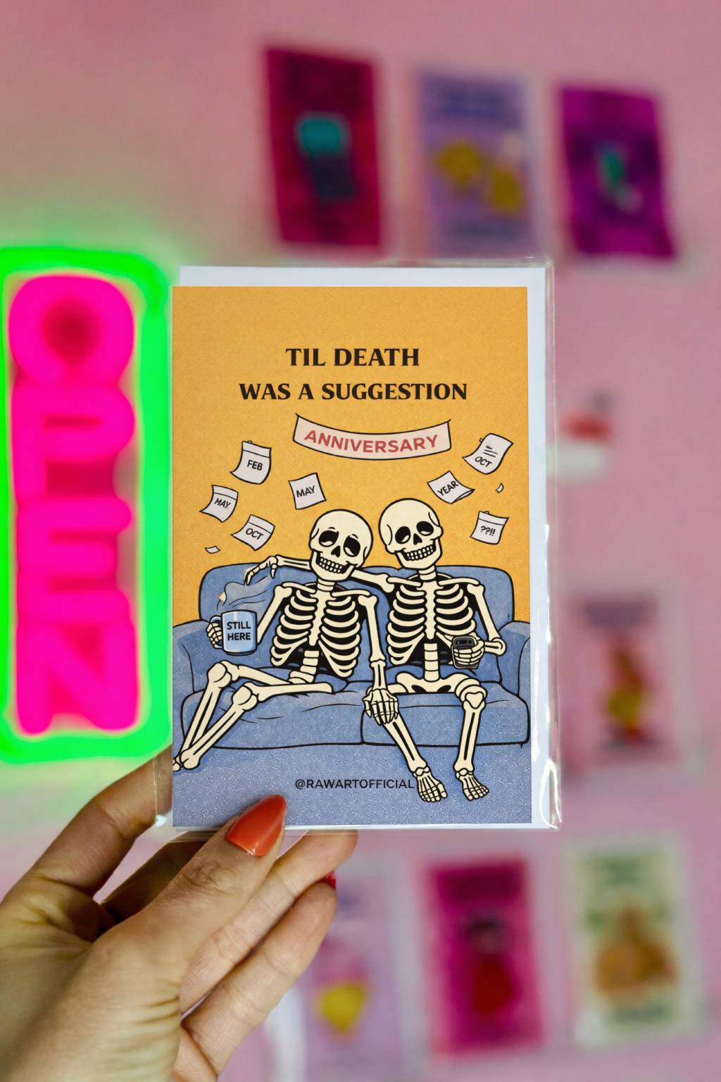 funny skeleton anniversary card with couple on couch spooky dark humor love illustration