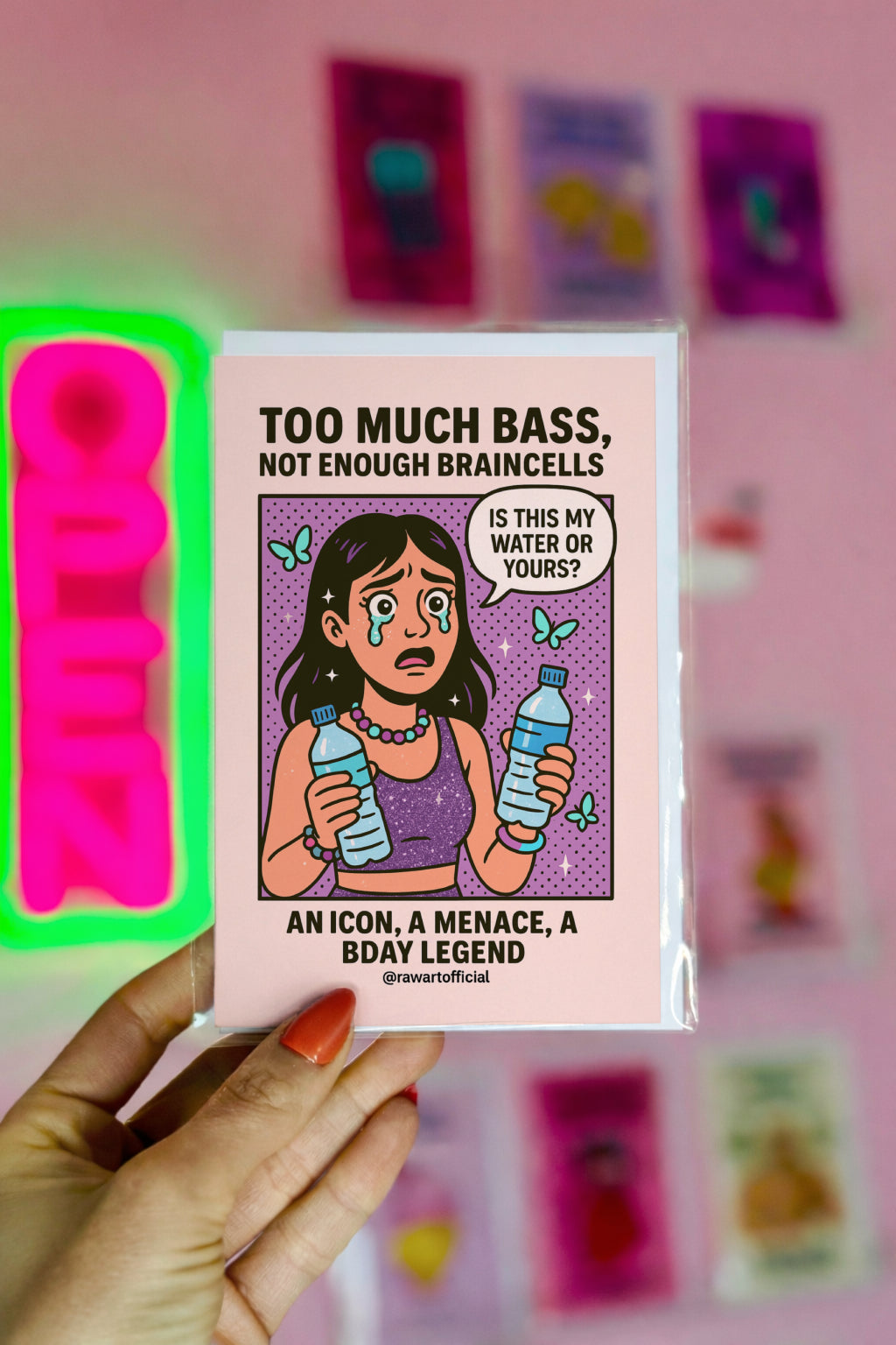 Funny rave birthday card with crying girl holding two water bottles, chaotic festival theme.