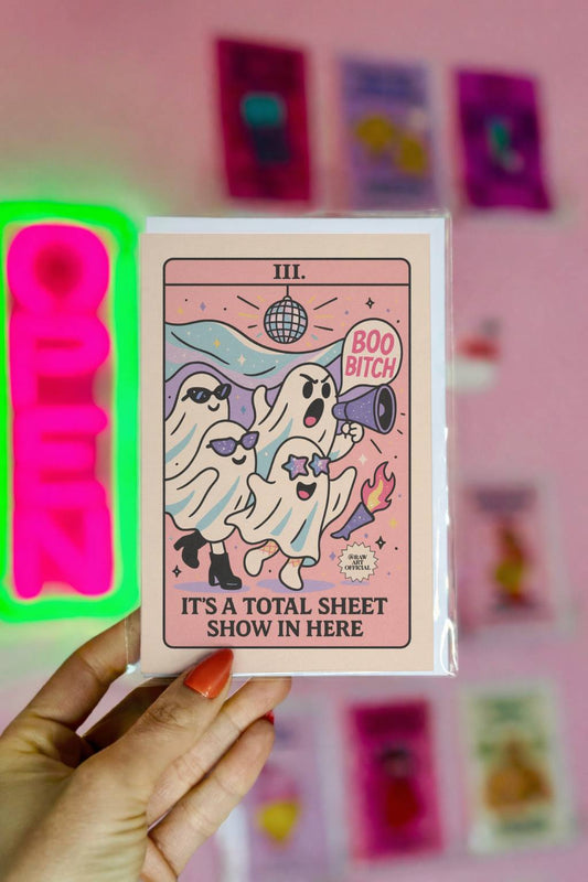 Funny ghost Halloween card with pastel pink background, disco ball, and “Boo Bitch” text – Total Sheet Show design by RAW Art Official.