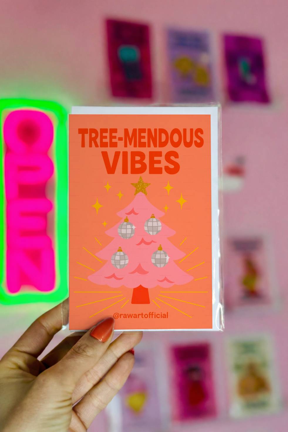 Funny Christmas greeting card with retro Christmas tree and text “Tree Mendous Vibes.”