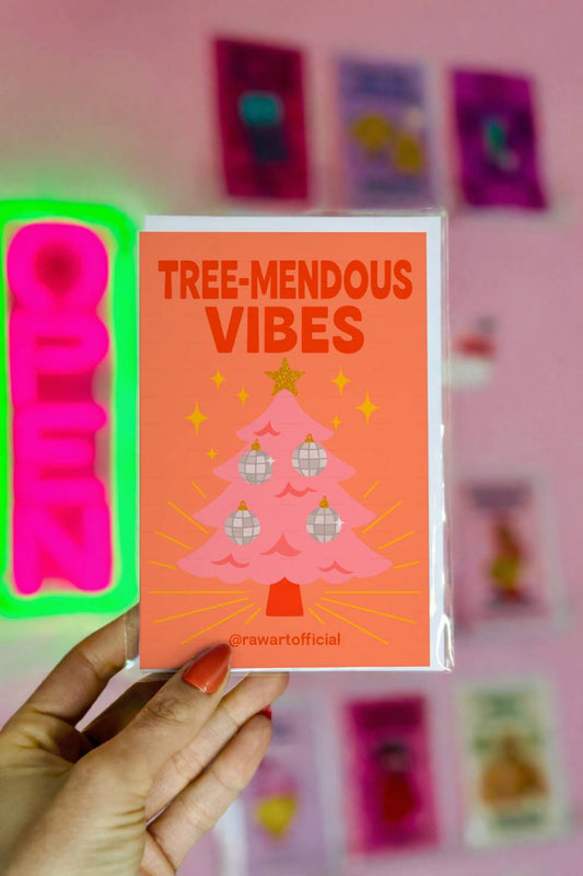 Funny Christmas greeting card with retro Christmas tree and text “Tree Mendous Vibes.”