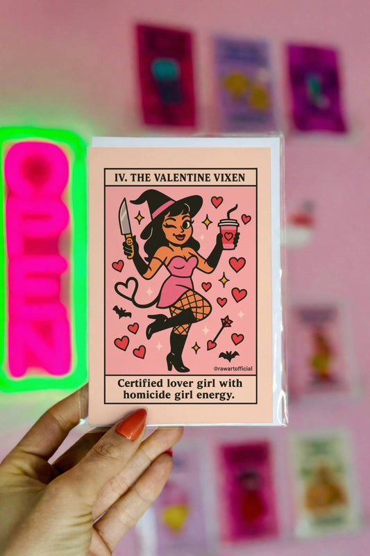 Witch valentine vixen holding knife and drink, surrounded by hearts in tarot-style art.
