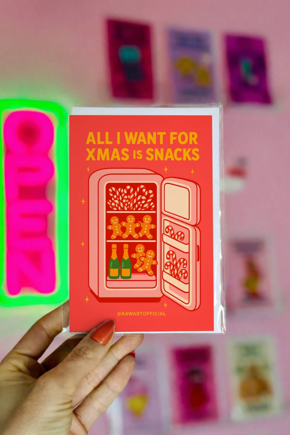 Funny Christmas greeting card with snack-filled fridge and text “All I Want for Xmas Is Snacks.