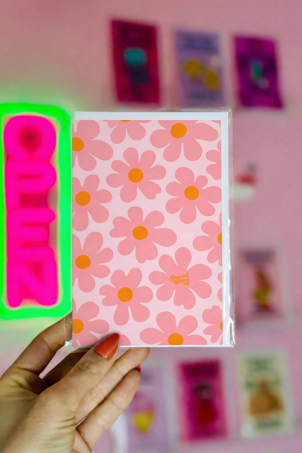 pink retro daisy pattern card pastel flower design orange centers cute spring mothers day floral stationery aesthetic