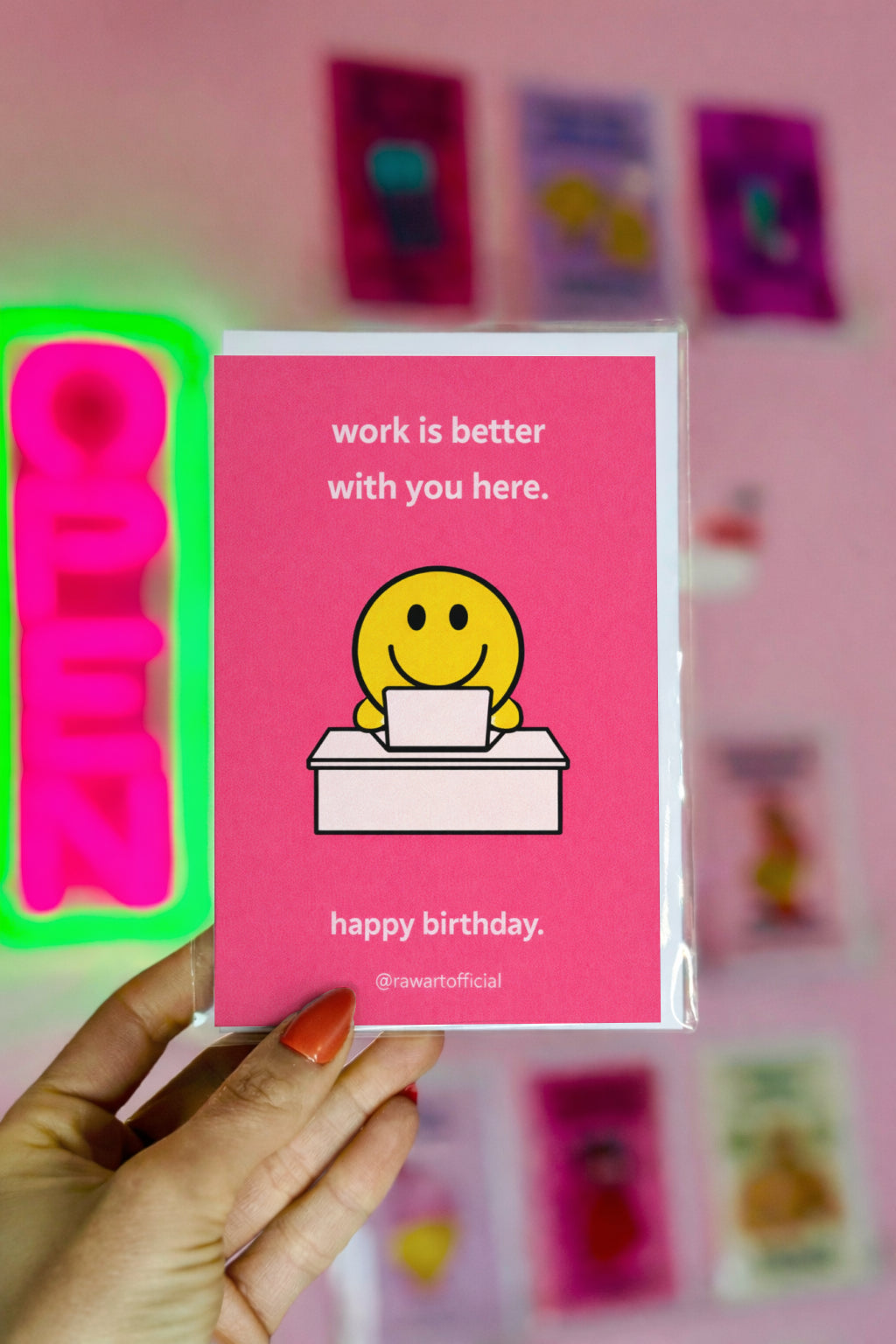 Funny coworker birthday card with smiley face at desk and text work is better with you here minimalist pink office humor design
