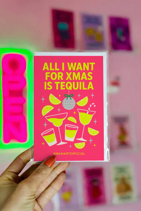 Funny Christmas card with margarita and tequila glasses and text “All I Want for Christmas Is Tequila.”