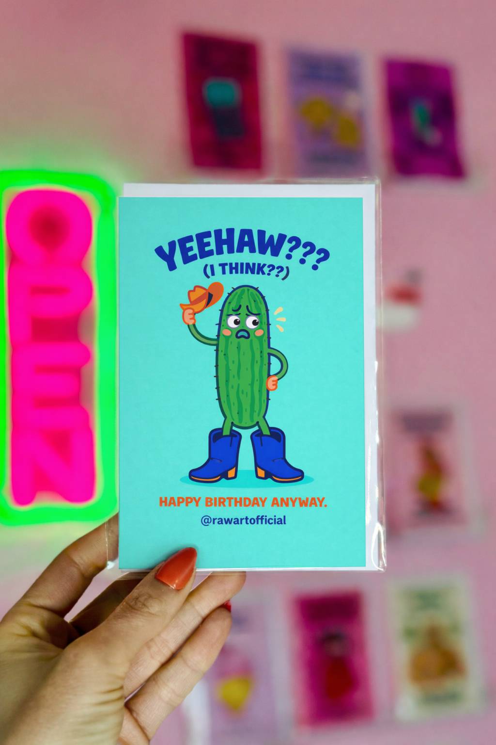 funny birthday card with nervous cactus wearing cowboy boots tipping a hat yeehaw awkward birthday illustration