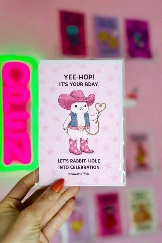 pink cowgirl bunny birthday card with western hat boots and lasso playful rabbit birthday illustration