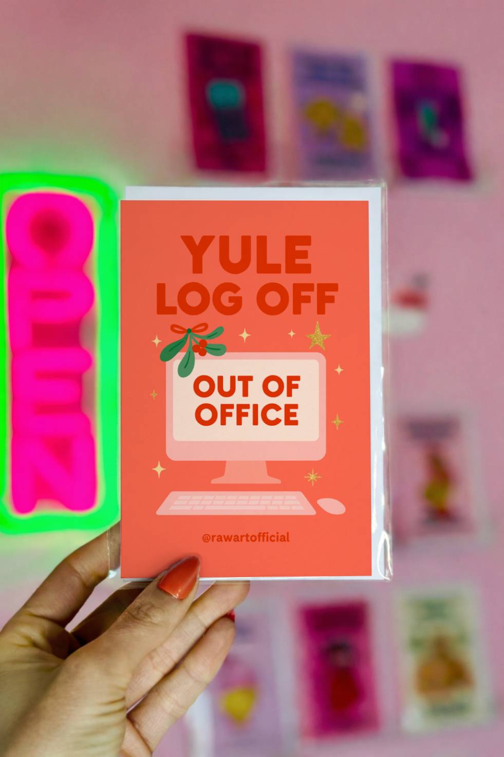 Funny Christmas greeting card showing a computer screen with an out of office message and the phrase “Yule Log Off.”